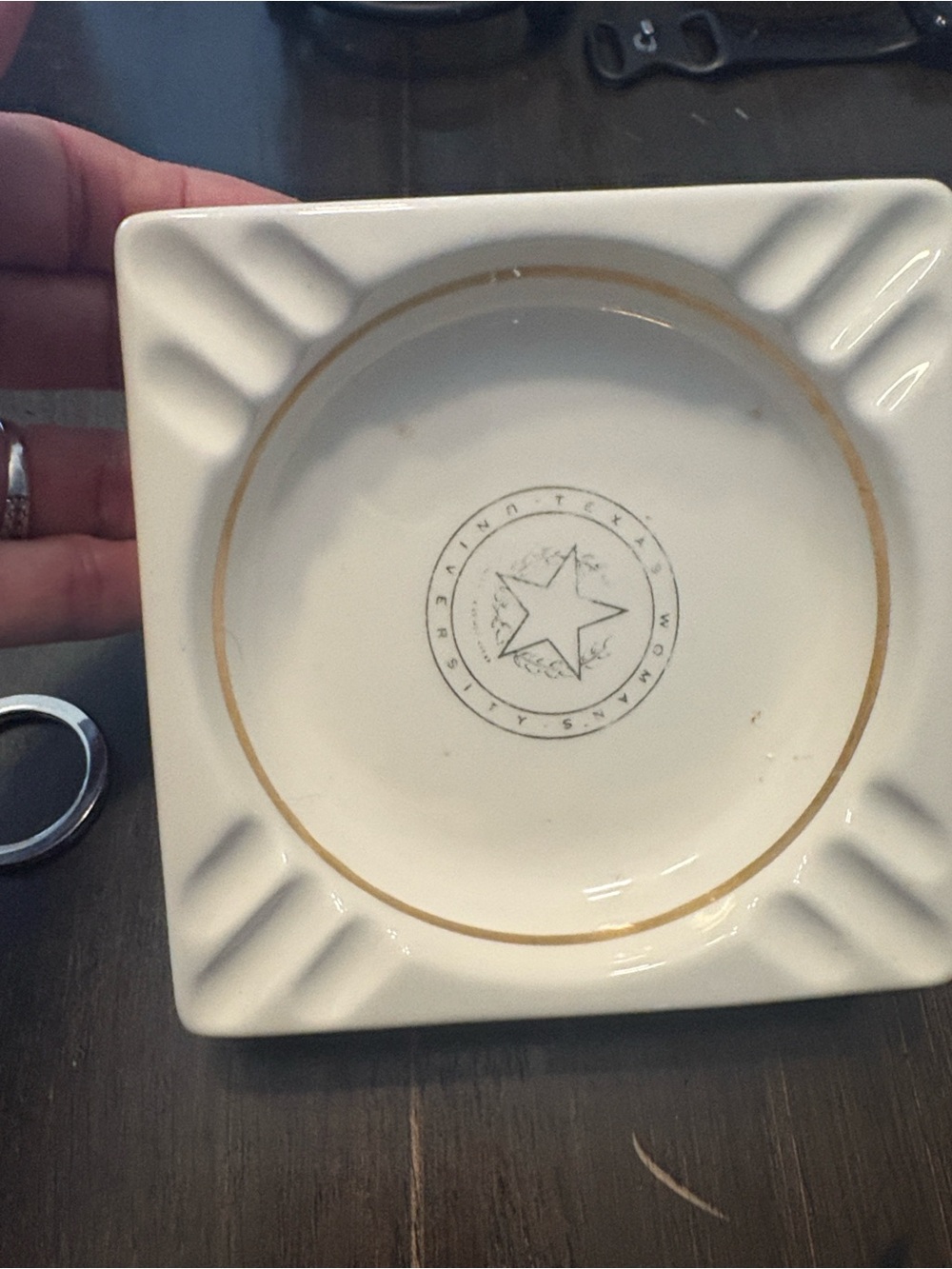Vintage TWU White Ceramic Ashtray with Gold Trim